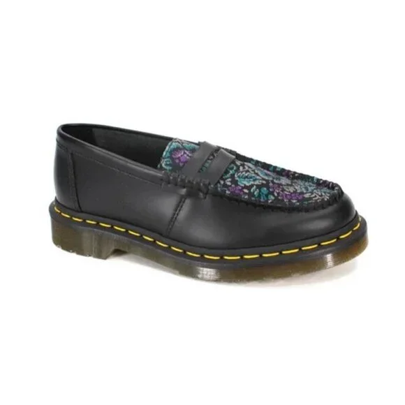 Dr. Martens Penton Floral Loafers Black Leather Jacquard Slip On - Picture 2 of 6